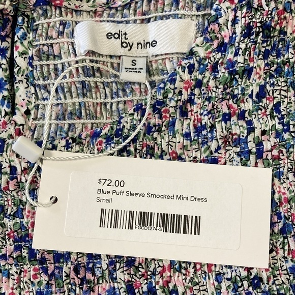 Edit by Nine puff sleeve smocked mini dress NWT blue floral - Picture 3 of 13